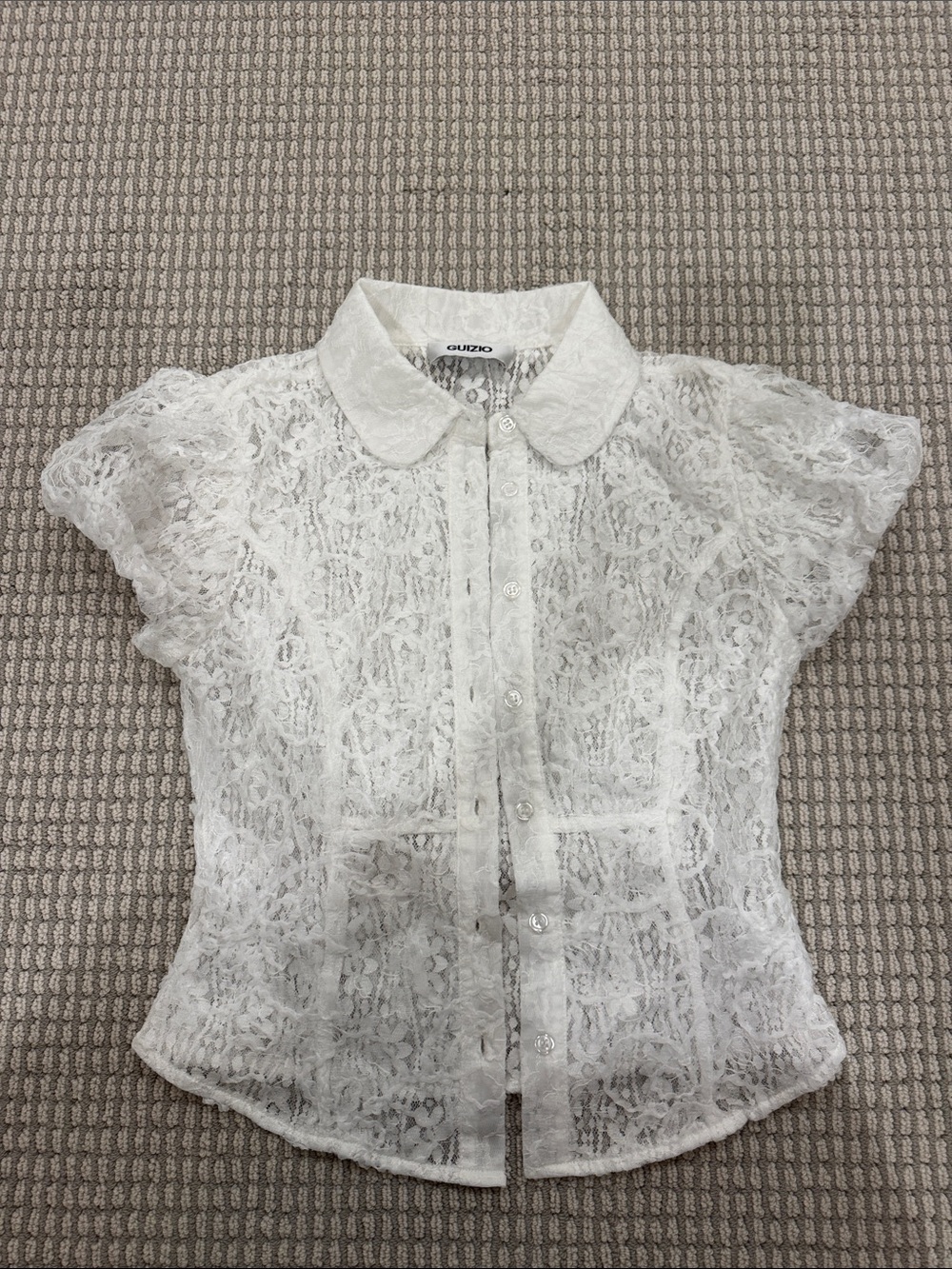 White Lace Button-Down Blouse with Peter Pan Collar